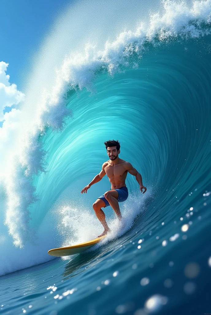 IN PIXAR ANIMATION, ILLUSTRIOUS A TWENTY-ONE YEAR OLD MAN, FIFTY-NINE KILOS, 169 CENTS TALL, MUSTACHE AND NO BEARD, straight black hair, SIMILAR TO SURFER GABRIEL MEDINA&#39;S HAIRCUT, CATCHING A BIG WAVE WHILE DOING A MANEUVER 