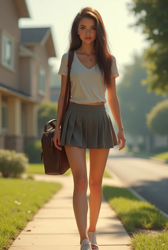 A Realistic super beatiful girl going to school on short skirt snd short-sleeved shirt