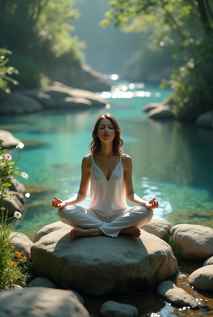 woman meditating on rocks and beautiful river flowing