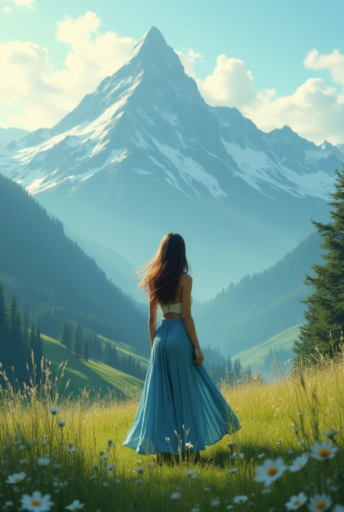 A woman 2 seeing the mountains from the grassland wearing blue colour plazo