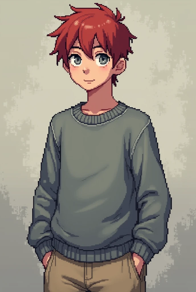  a guy with red sloppy short hair, gray eyes, grey sweatshirt and beige shorts, Pixel style