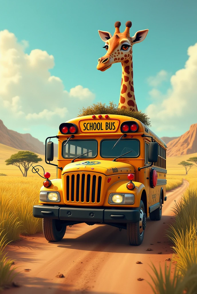 School bus but safari and giraffe