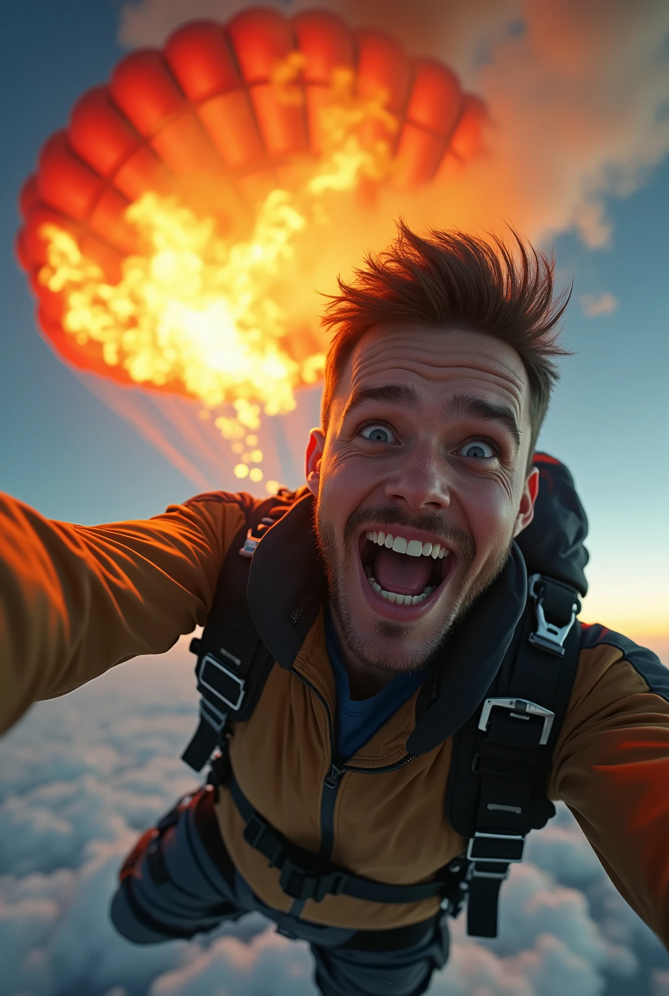 Last selfie. A young man, con un'espressione incredula, he takes a selfie while parachuting. However, behind him, the parachute is visibly on fire, with the fire spreading rapidly. The contrast between her nervous smile and the critical situation creates a dramatic and surreal image.. Oops.