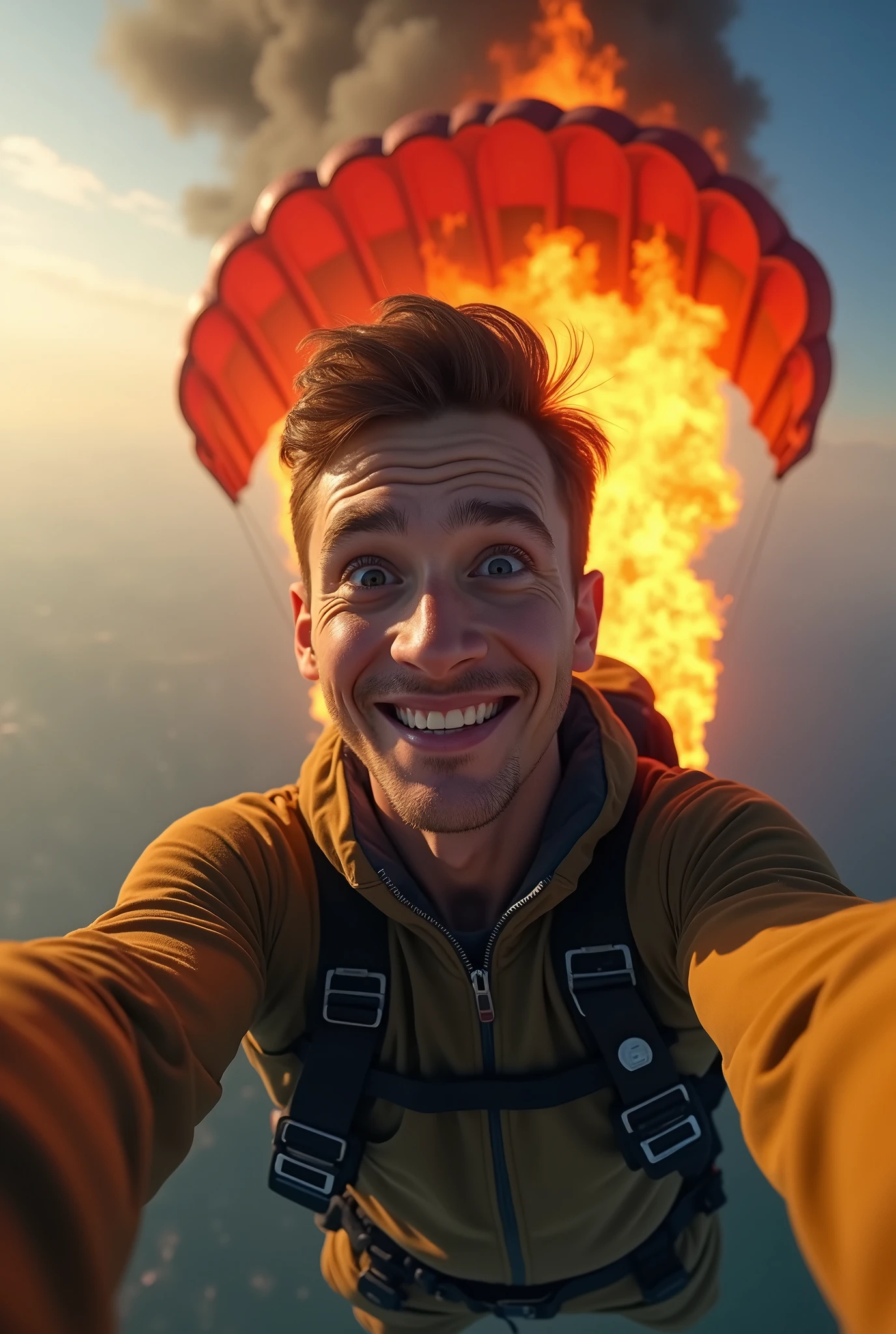 Last selfie. A young man, con un'espressione incredula, he takes a selfie while parachuting. However, behind him, the parachute is visibly on fire, with the fire spreading rapidly. The contrast between her nervous smile and the critical situation creates a dramatic and surreal image.. Oops.