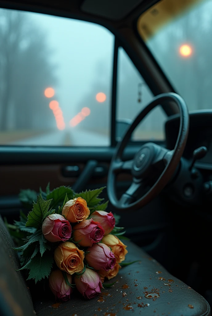 A close-up of a dried and faded bouquet on the back seat of a car . on a dark road with fog
