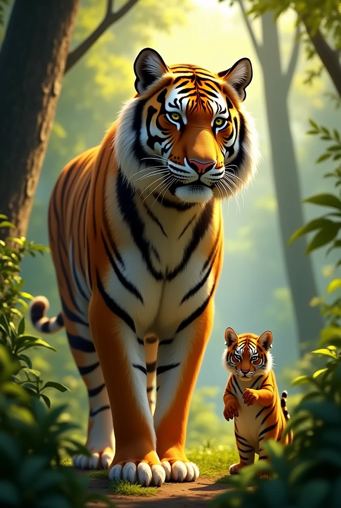 : A majestic tigress appearing at the edge of the jungle, looking around with a regal gaze, Raju standing in the distance with litte baby tiger Raja in his arms