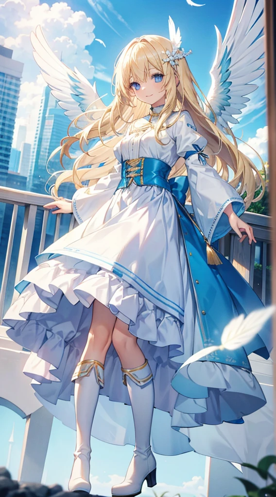 Blonde hair and blue eyes Light blue clothes Long skirt Feather hair ornament bright smile Wings are growing White boots slender Girl cute Long Hair