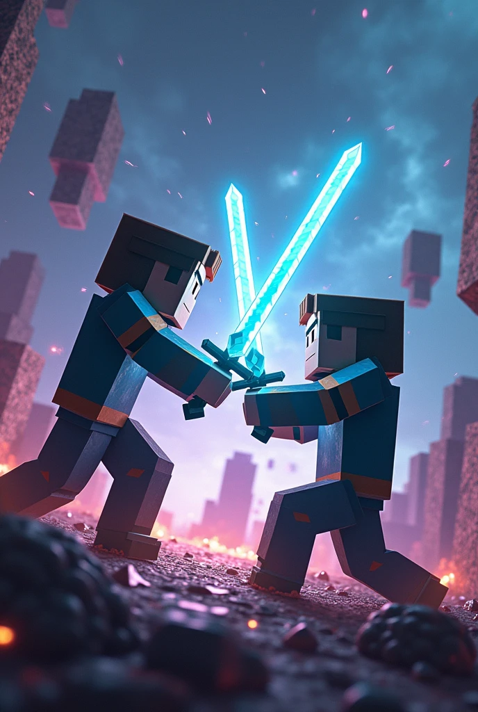 Create a 2 person minecraft landscape doing pvp(fighting) in space with the rocks raised levitating. On that same map do it but now with pro skins and with swords and diamond armor








