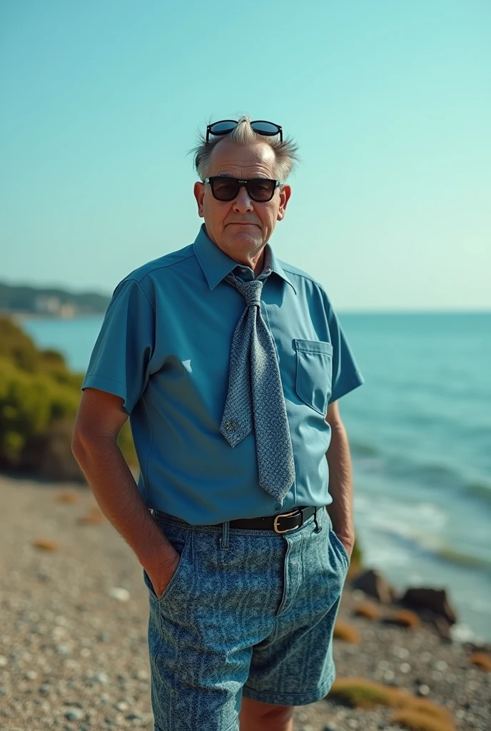 avant garde photography of a voluptuous old man as a ((thiefling)) with ((emo haircut)) in a tie or bowtie,lending a touch of formal elegance or quirky charm,knotted around the collar to elevate the outfit,dressed in blue patterned top,blue patterned shorts,black glasses,blue sky,coastal scenery,sparse vegetation,gravel ground,standing,slightly turned,casual hold of pants,relaxed posture,sunglass on head,shallow depth of field,eye-level shot,soft focus background,in a lost temple in the jungle,movie still,(natural skin texture,hyperrealism,soft light,sharp:1.2),(abstract:1.3),detailed skin pores,laser lighting,(high angle:1.3),shot on DJI Mavic Air 2 with Built-in 24mm f-2.8,photo by James Balog 