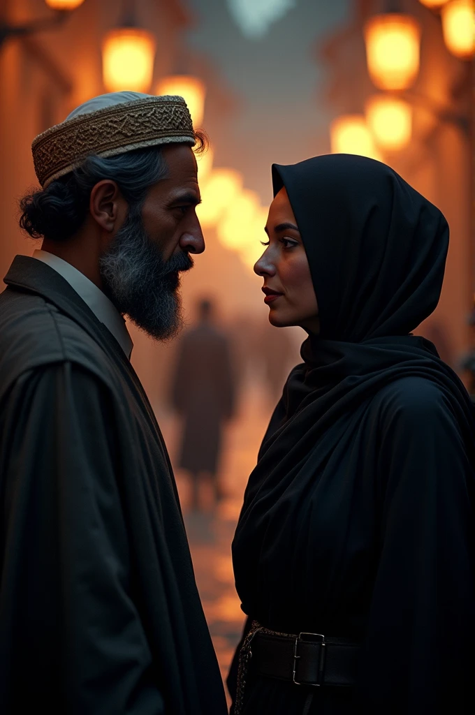 A close-up interaction between Hazrat Umar and the young woman. The woman, standing tall, speaks confidently, her expression calm yet firm. Hazrat Umar listens intently, his face reflecting respect and contemplation. The background is the dimly lit street, with the warm glow of lanterns casting a soft light on their faces. The scene captures the gravity of the moment, emphasizing the woman's unwavering strength and the mutual respect in their exchange.