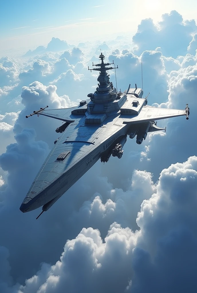 A warship flying in the clouds