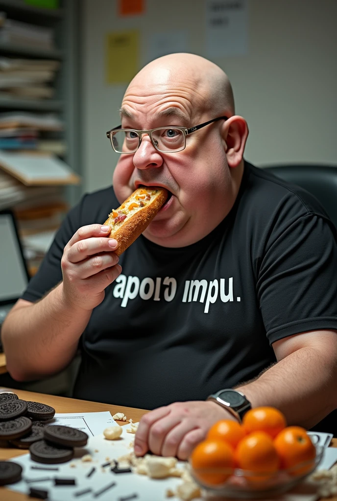 white male, 40 year old, baldie, completely smooth face, no fur, bochechas grandes, Scrawny, but very pot-bellied, wearing light glasses and eating baguette with lots of ham. Sitting behind a somewhat cluttered desk with a computer, stacks of papers, crumbs and lots of Oreo cookies. Wearing a black shirt with the following phrase: APOI0 MPU, an Oreo brand logo on the shirt, besides a bag of tangerines on the table.
