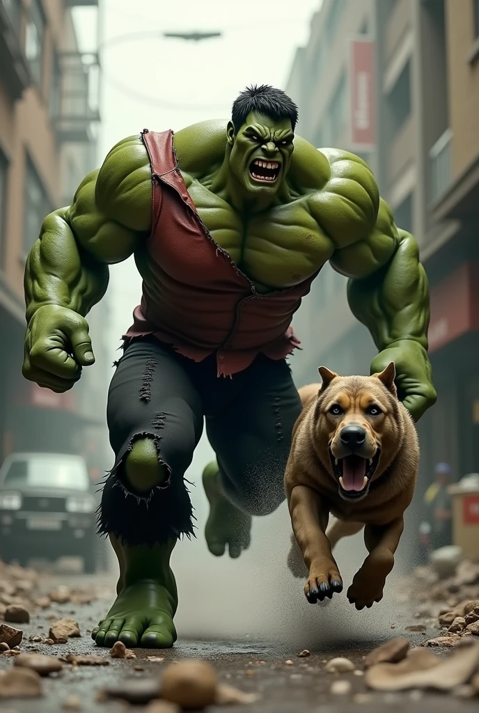 Generate a 3D model of HULk chasing a dog to eat it. On the body of it should be a red shirt and to be torn at the edges. And use black trouser for HULK.Dog should be big military dog.