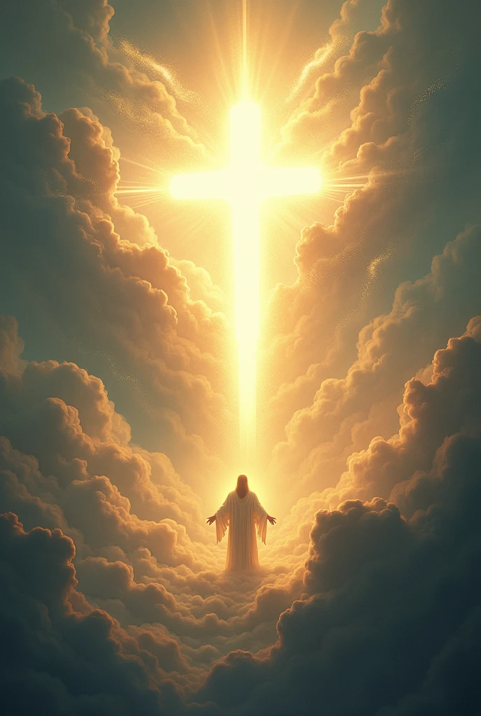 Jesus without a face, only light, clouds , angels, 
