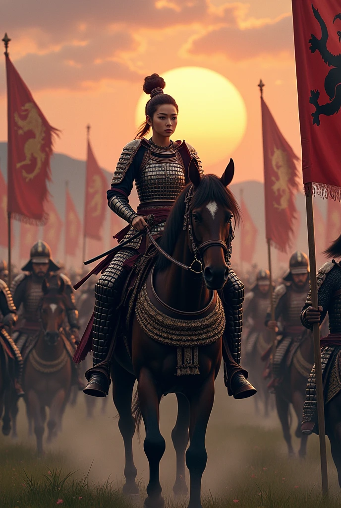 In the vast and imposing battlefield of feudal Japan, an army of 3,000 samurai is preparing for a decisive march toward war. The sun is rising slowly on the horizon, casting hues of orange and pink across the sky and bathing the warriors in a golden light. Each samurai wears polished, gleaming armor with intricate details that reflect the honor and prestige of their class.

The sound of war drums echoes across the plain, synchronized with the steady, resolute rhythm of the soldiers' steps. The march is grand and coordinated, with the clinking of armor and the clatter of swords creating a symphony of military preparation. Clan banners flutter in the wind, displaying emblems of lions and dragons—symbols of courage and power.

At the head of the column, the revered female general rides proudly on a horse adorned with elaborate armor. Her presence commands respect and awe, as her eyes reflect the determination and strategic brilliance behind the impending campaign. Her armor is both elegant and functional, symbolizing her high status and the respect she commands from her troops.

The warriors are focused, with intense looks and expressions of resolve. The surrounding landscape is a mix of green fields and distant mountains, and the presence of the samurai transforms the environment into a sea of steel and discipline. The march is a spectacle of power, honor, and tradition, foretelling a battle that will shape the future of their clans and the country.