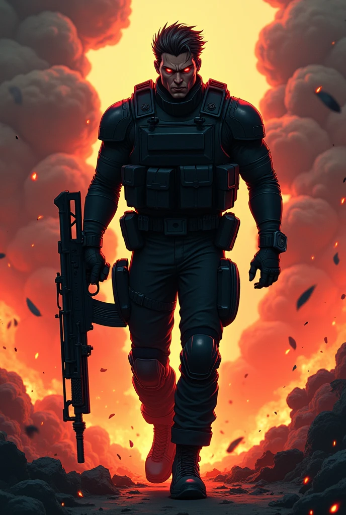 Soldier with red eyes, black, in fire, the weapon on his right hand, walking, in anime style