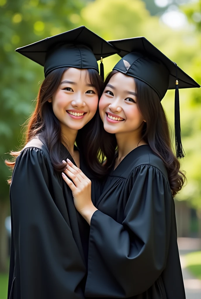2 Asian woman celebrating her college graduation