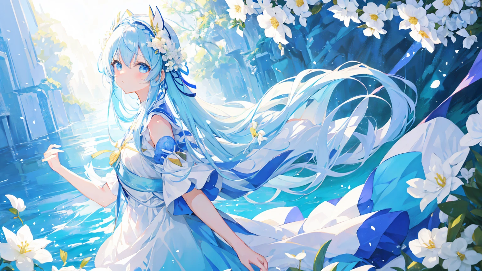 Anime Girl,light blue hair,White裙子,White,Flower headdress