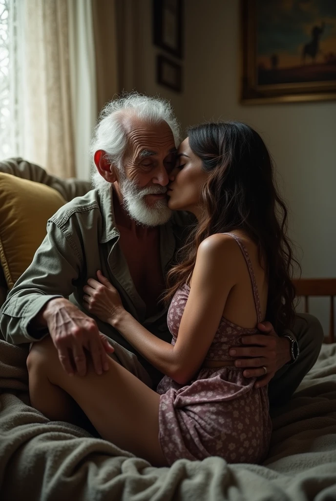 Toothless 90 year old homeless grandpa, beautiful victoria secret model topless he hugs her kissing her in bedroom she is sittin on his knee