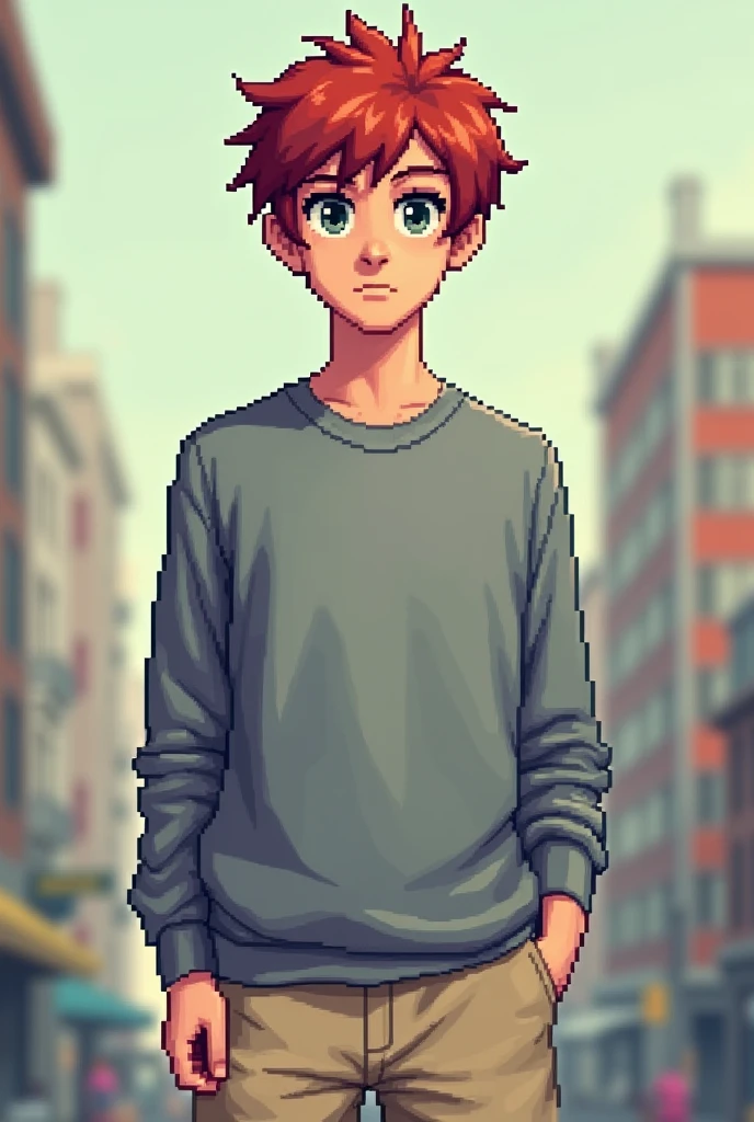 a guy with red sloppy short hair, gray eyes, grey sweatshirt and beige shorts, Pixel style