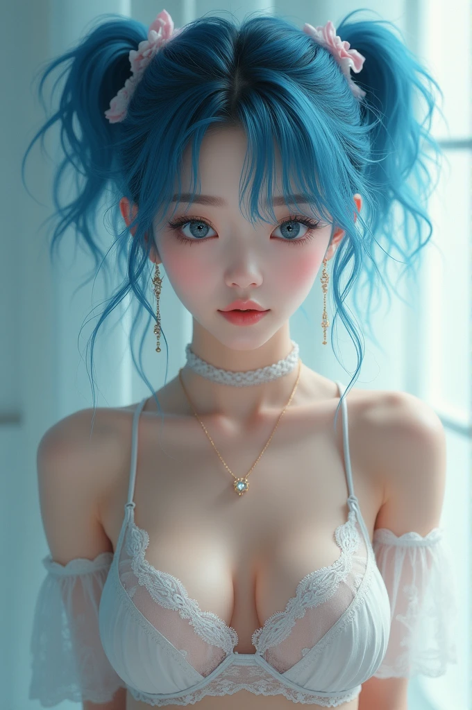 cute, asian girl, blue hair, beautiful, transparent lingerie, short hair, ponytails hair, cute earrings, rape necklace