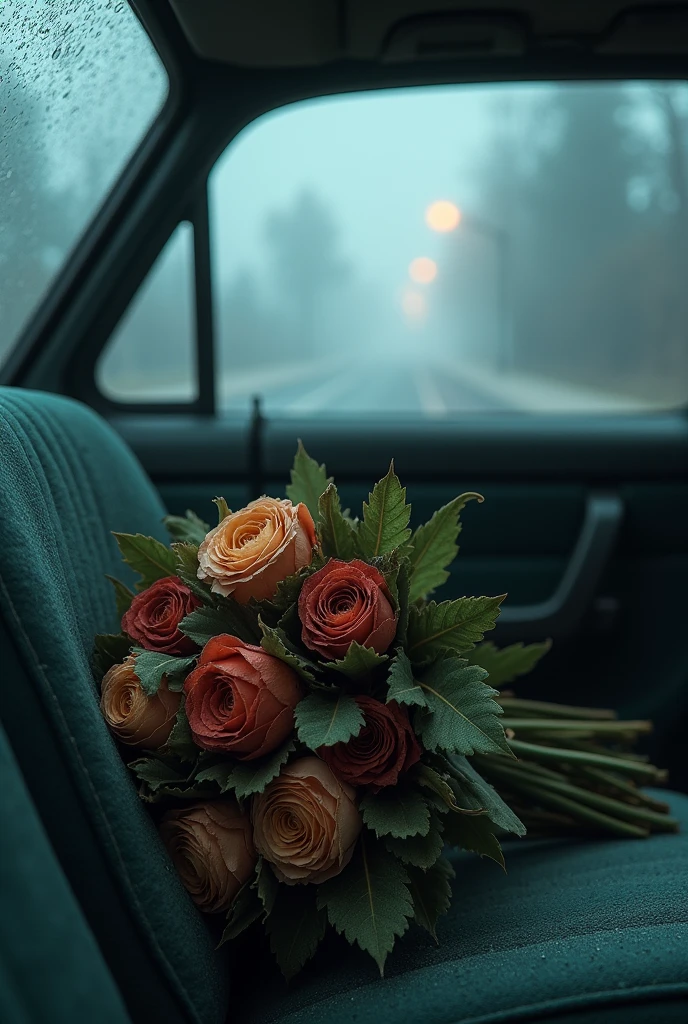 A close-up of a dried and faded bouquet on the back seat of a car . on a dark road with fog