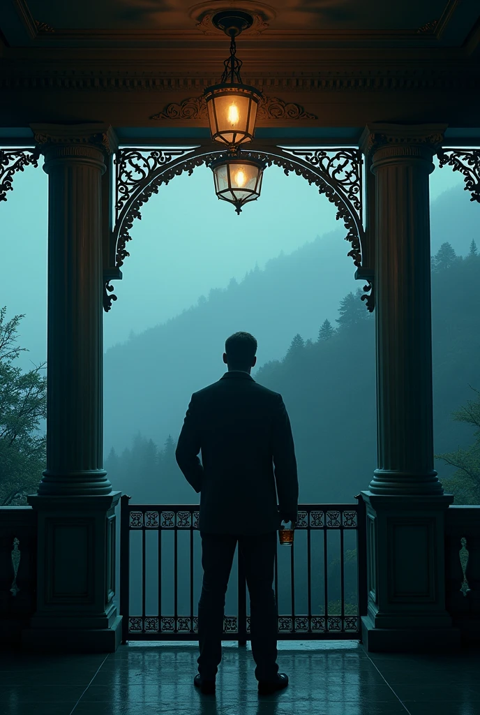 create cinematic, photo realistic film poster of a man staring with anger to someone outside his gate from the verandah of his posh first floor bungalow in Darjeling at night, holding whisky glass, foggy weather