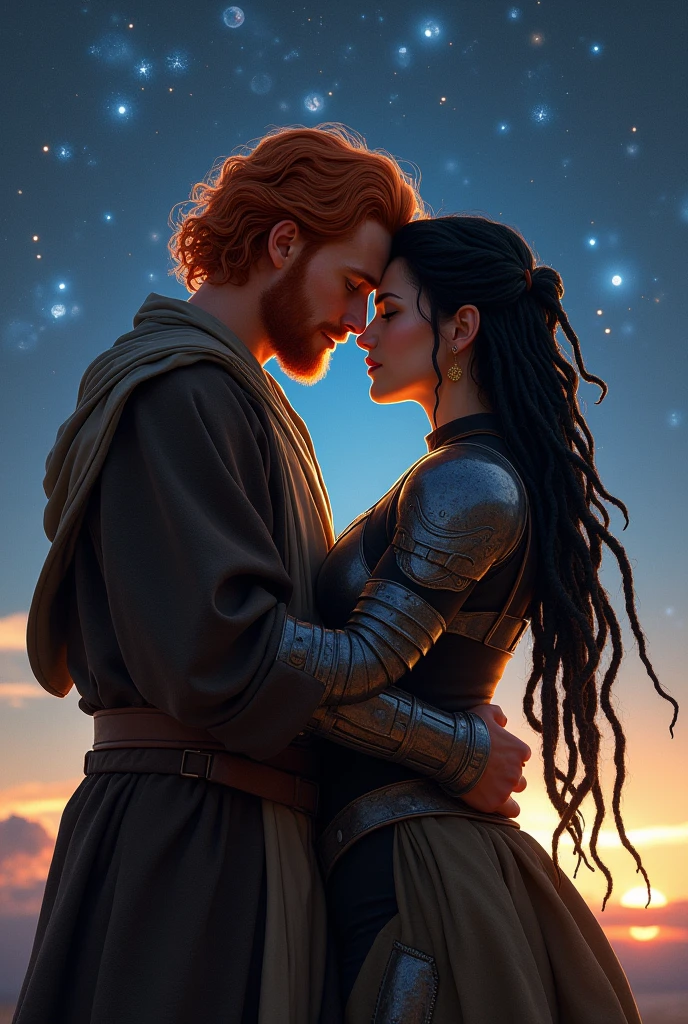 Red haired Jedi kissing black dread haired woman in armor under the skyline of stars