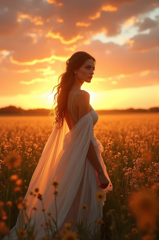 Woman with attractive body and beautiful angelic face in the field ,Sunset 