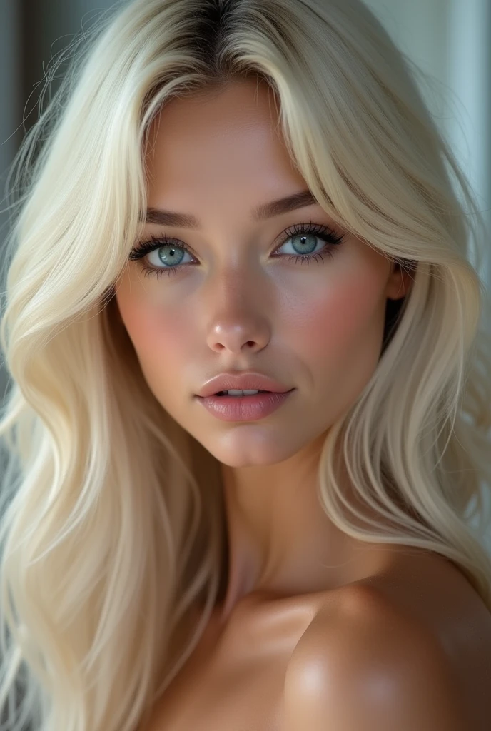 、(RAW photograph:1.2)、(Photorealistic:1.4)、(Masterpiece artwork:1.3)、(Maximum quality:1.4)、expressão Ablaze、Extremely beautiful girl、extraordinary and beautiful girl、Detailed cute and beautiful face、beautiful bangs、Pele branca Ablaze e Ablaze、facial hair、Bangs that extend to the face、bangs between eyes、Cabelo super long、Cabelo louro platinado clearing e escuro atraente, super long, smooth and silky、appealing, Ablaze, comely, clearing, azul clearing, eyes large、Luxury dresses、Double eyelids、Lush bust、the upper part of the body、exaggerated extremely hyper weird, hypermuscular ultra venous, skinny girl, extremely protuberances, thin lycra underwear, Fine body, hot girl, ultravein arms, de corpo inteiro, in high quality, naked, with good body proportions in relation to the bust