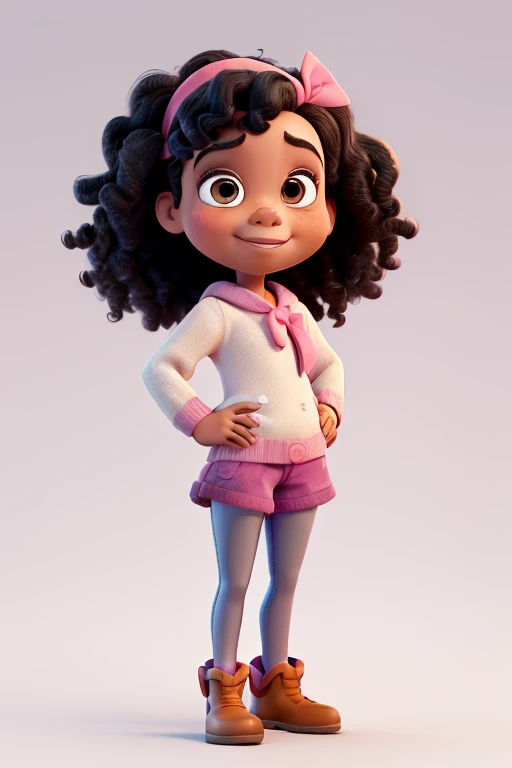 ((best qualityer)), ((disney pixar)), (detailded), 1 black skinned child, , curled hair, pink shoulder to shoulder sweater, white stockings, white bow on the head, glad, white background