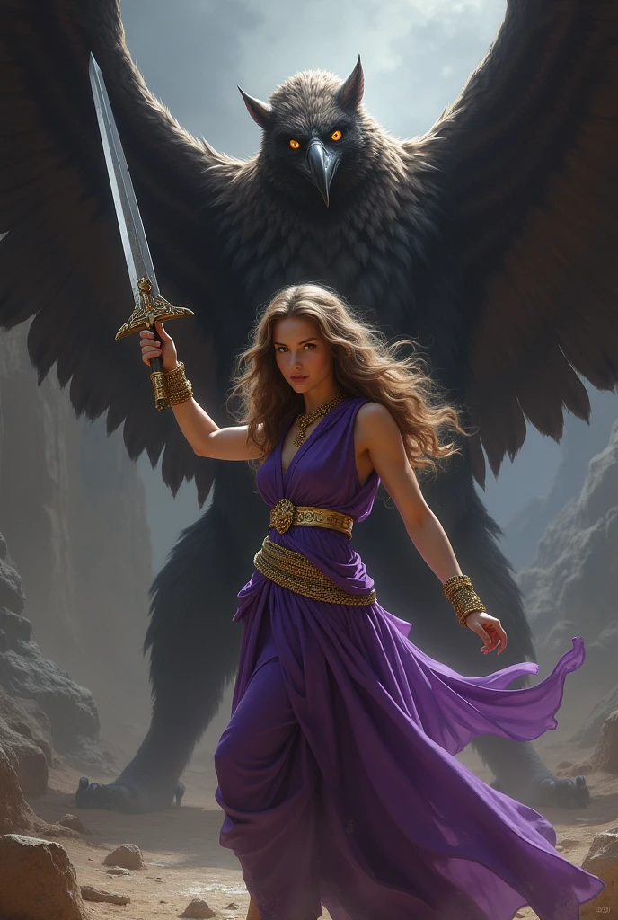 lilith with big and curious eyes, light brown hair and purple Greek toga with golden belt and bracelets killing a manticore from Greek mythology with a silver agada