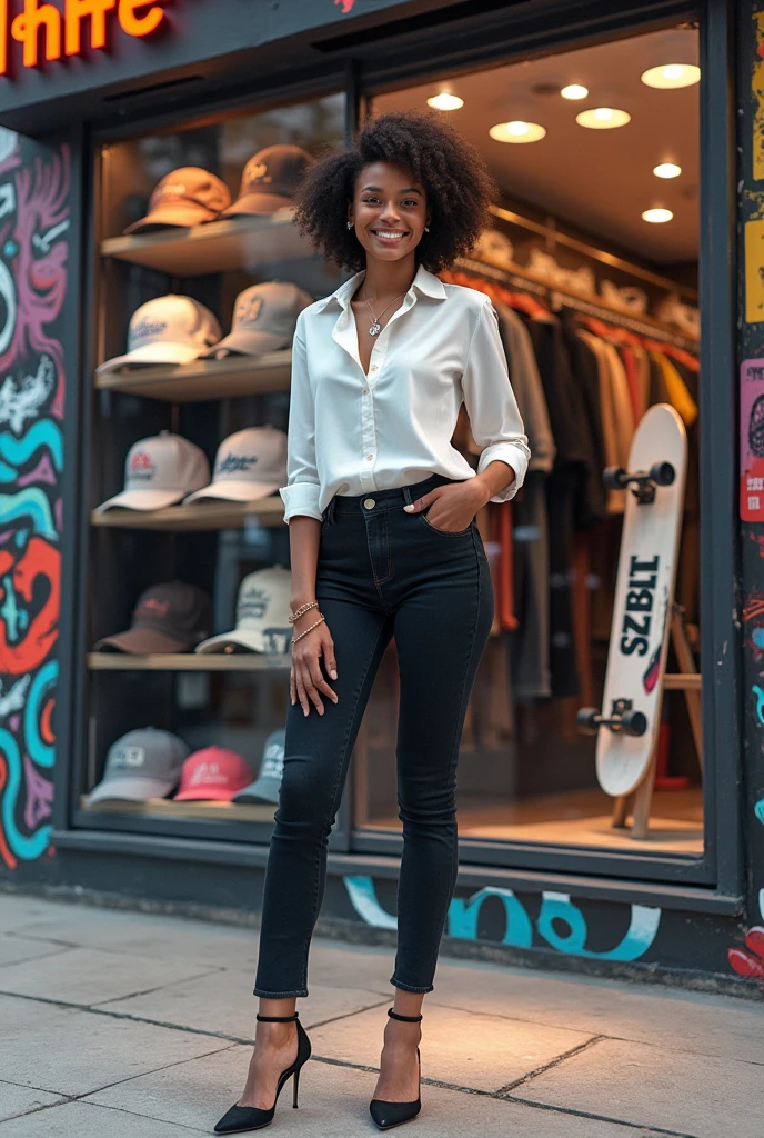 an 1, glad, wearing dark jeans, white shirt and high heels, in front of a clothing store with graffiti on the walls, with a display case of caps and skateboards.