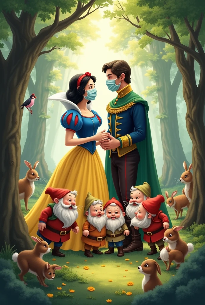 Snow White, The prince, The seven dwarfs and the little animals of the forest in the forest all wearing masks except the evil witch to protect themselves from covid-19 