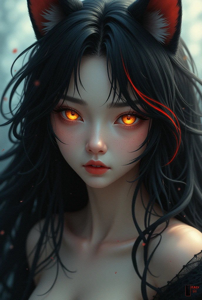 ookami mio, a girl with wolf ears and white skin, golden eyes, black hair with a red streak