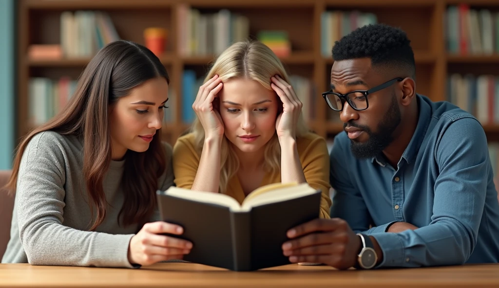 three people, a 40-year-old woman, a blonde woman american with long hair, and a black man with glasses with short hair, one of them with his hands on his head, the three of them with a look of astonishment, surprised, happy, sitting around a table looking at a book with a black cover on a table, they are in a study room, behind them a library, in the local the good ilumination, realistic image, in HD