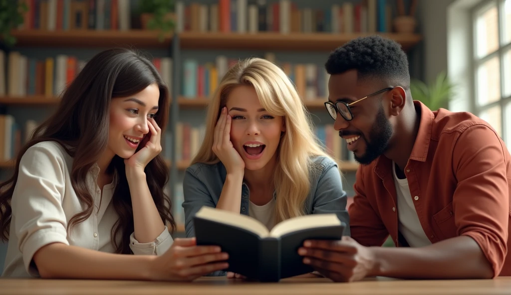 three people, a 40-year-old woman, a blonde woman american with long hair, and a black man with glasses with short hair, one of them with his hands on his head, the three of them with a look of astonishment, surprised, happy, sitting around a table looking at a book with a black cover on a table, they are in a study room, behind them a library, in the local the good ilumination, realistic image, in HD