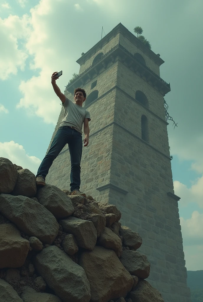 Last selfie. The young man stands on top of an old medieval tower, that leans dangerously at an extreme angle, one step away from collapse. While smiling for the selfie, Deep cracks and falling stones suggest impending disaster. Oops.