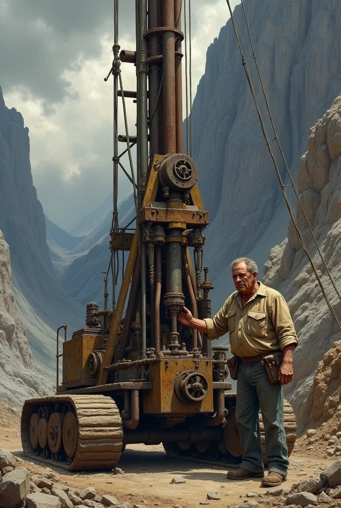 A realistic painting of a determined man, Peter, operating a large, rusty drilling machine at the base of a rugged mountain. The machine looks heavy and old, with gears and pipes exposed. Peter is sweating, focused, and exhausted, wearing a dusty shirt. The sky above is cloudy, with dark clouds gathering, suggesting the challenges he faces.