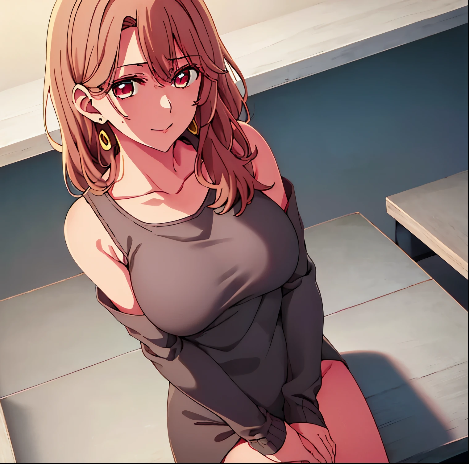 1 girl, alone, miyako saitou, beige sweater dress, beige virgin killer sweater, clothing cut, turtleneck, sleeveless, night, street, cowboy photo, standing, smile, bare arms, full body, sitting on the table, jewelry, collarbone, earrings, open_clothing, pink eyes, light brown hair, eyebrows_visible_through_hair, bangs, 1 girl, 20 years old, young woman, beautiful finger,  full height:1.4,full body ,beautiful long legs, beautiful body, beautiful nose, beautiful character design, perfect eyes, perfect face, expressive eyes, perfect balance, looking at viewer, (focusing on his face), closed mouth, (Inocente_grande_ojos:1.0), Luz_Sonrisa, Official art, Extremely detailed CG unity 8k wallpaper, perfect lighting, colorful, bright front lighting, shiny skin, (masterpiece: 1.0), (best_quality: 1.0), ultra-high resolution, 4k, ultra detailed, photography, 8k, HDR, high resolution, nonsense:1.2, Kodak portrait 400, grain film, blurred background, bokeh:1.2, Lens flare, (vibrant_color:1.2), professional photography, (beautiful, big_breasts: 1.4), (beautiful_face: 1.5), (narrow_waist), Wide hips, medium thighs, full body excellent anatomy , Excellent hands