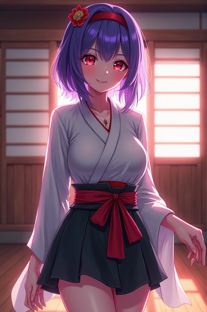 yuzukiaoba, yuzuki aoba, (red eyes:1.3), hair between eyes, purple hair, braid, single braid,
BREAK japanese clothes, showing her breast , sash, obi, red underwear,
BREAK indoors, dojo,
BREAK looking at viewer, (cowboy shot:1.5), smile,
BREAK (masterpiece:1.2), best quality, high resolution, unity 8k wallpaper, (illustration:0.8), (beautiful detailed eyes:1.6), extremely detailed face, perfect lighting, extremely detailed CG, (perfect hands, perfect anatomy),