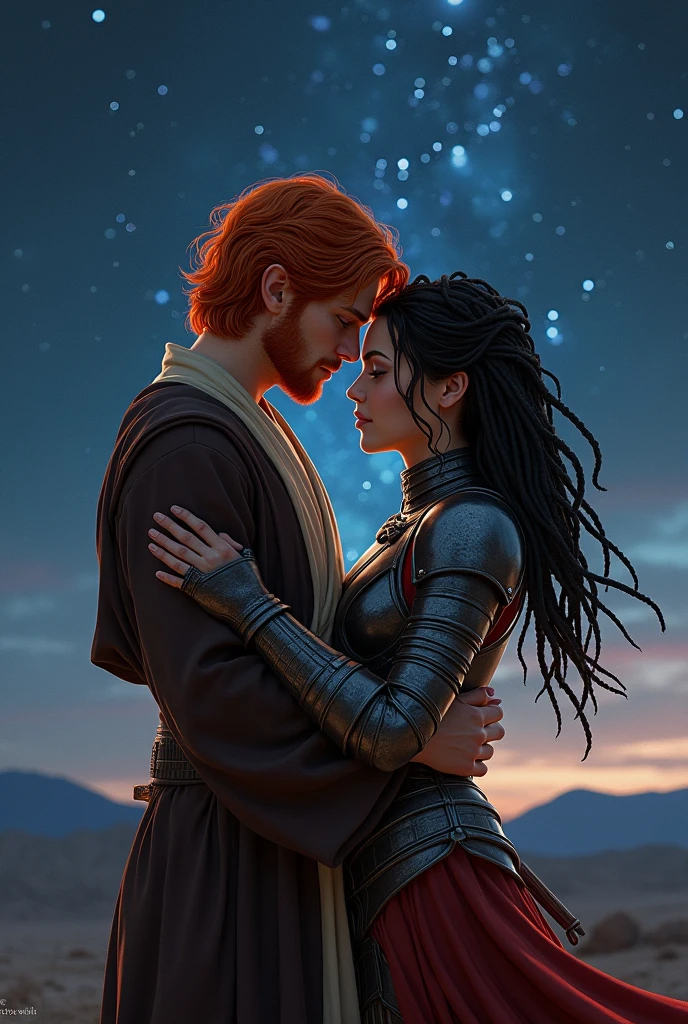 Red haired Jedi kissing black dread haired woman in armor under the skyline of stars