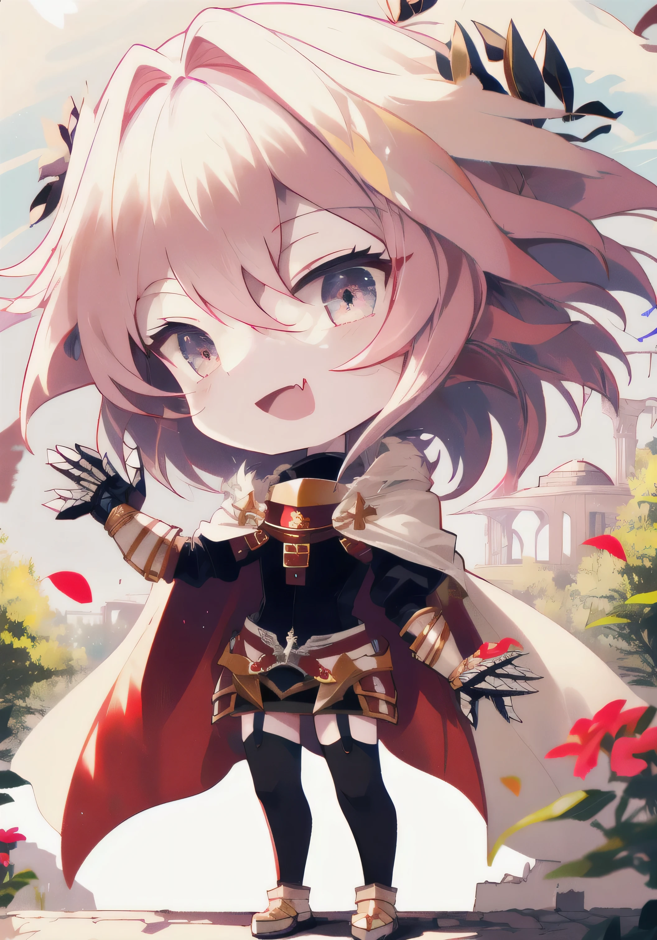 [(white background:1.5),::5], 1boy, solo, otoko no ko, absurdres, masterpiece, best quality, illustration, cute, film_grain, extremely detailed face, perfect lighting, chibi, chibi style, deformed, smile, (skin fang), astarmor, single braid, long braid, cape, gauntlets, garter straps, thighhighs, black footwear, smile, open mouth, far shot, full body, butterflies, flowers, floating petal, hippogriff, field, grassy plain, plants, castle ruins, grass, day time, sun, sunlight