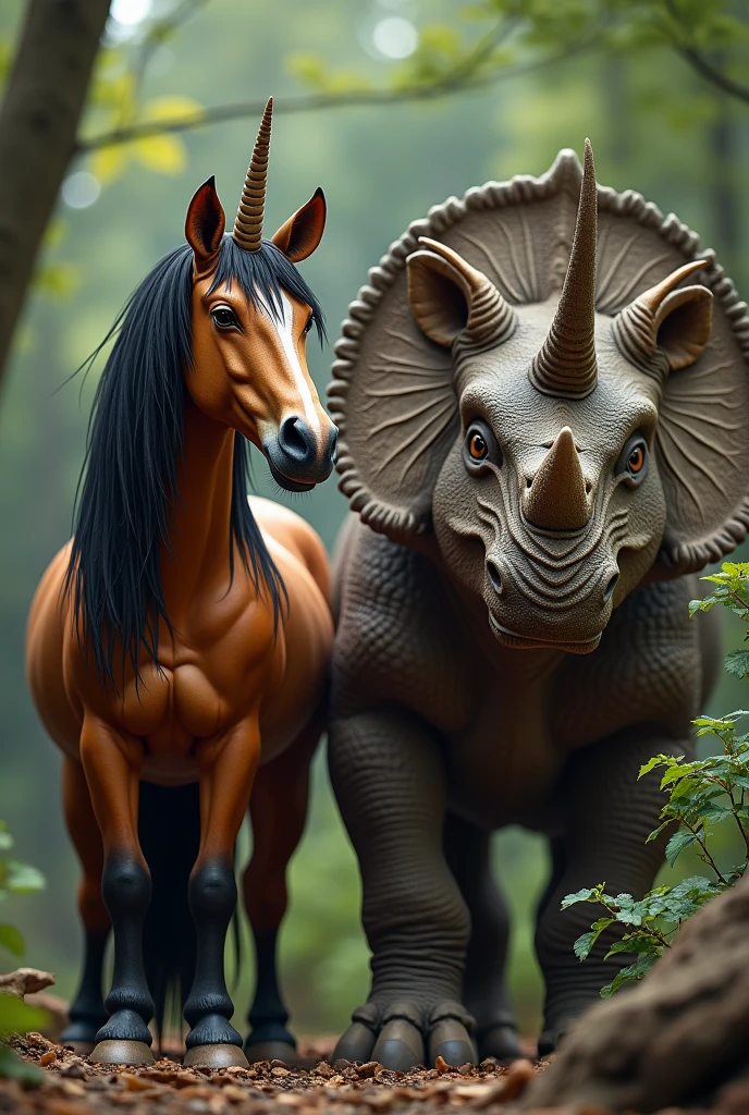 A brown unicorn with black hair sitting next to a triceratops (the three-horned dinosaur) 