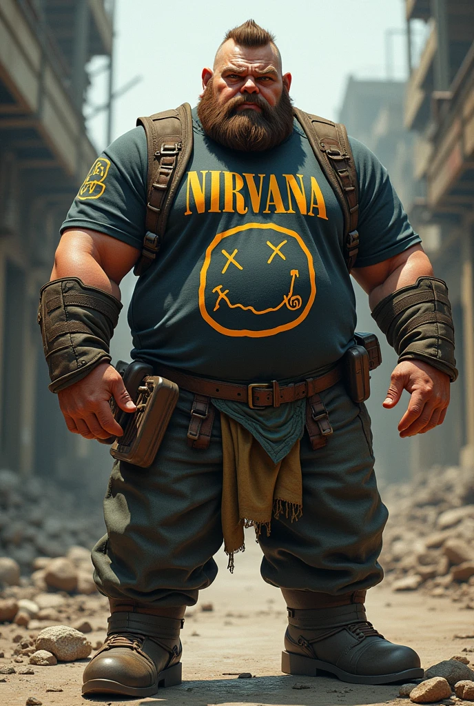 Strong dwarf with a square face, military hair and nirvana shirt