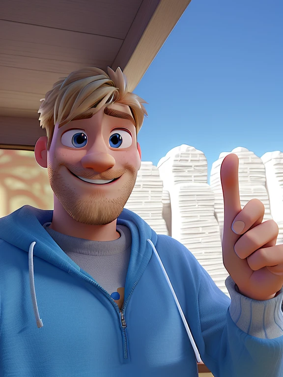 3D Pixar image of a blond man, with goatee and short mustache, Grinning, blue sweatshirt, pointing up