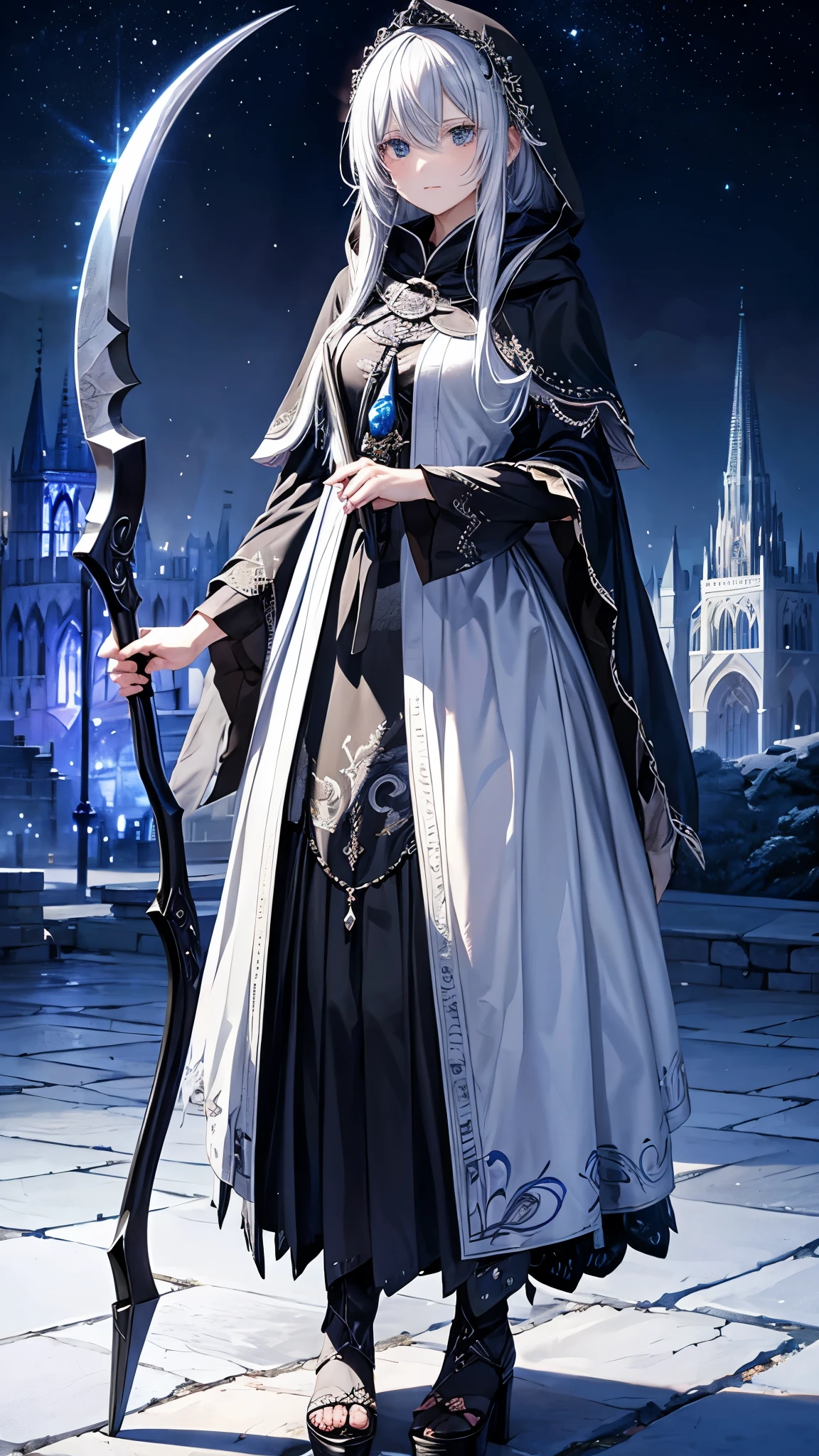 woman、beautiful、Silver Hair、Black embroidered hood、Embroidered and decorated robes、What size is the person standing there holding a scythe in his hand?、Ice Magic、cathedral、night、dark、Elfriede