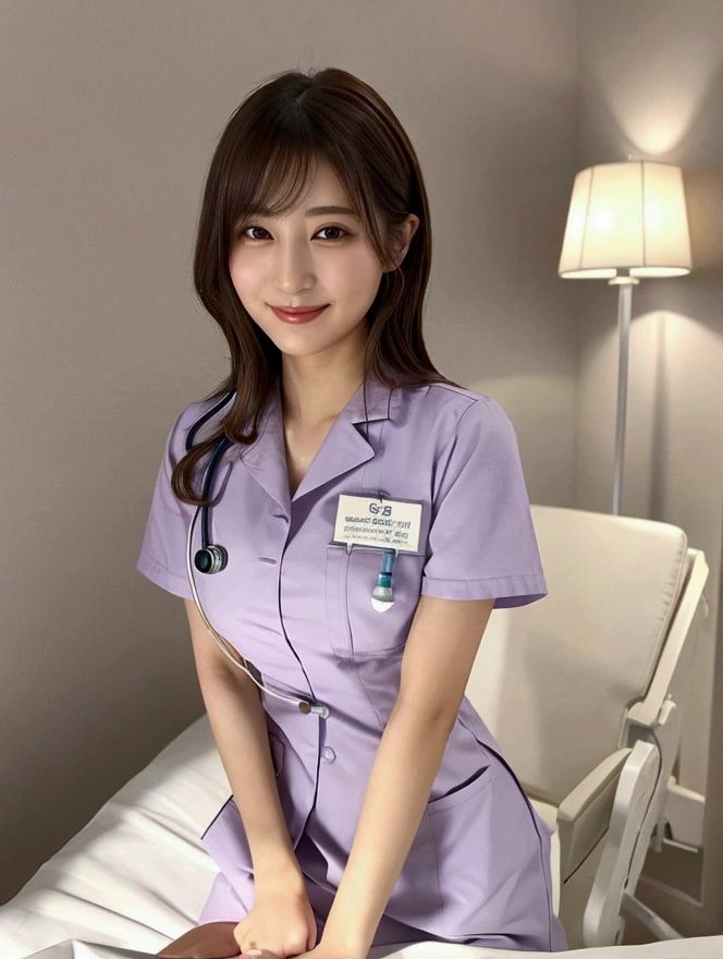 ((Highest quality、8k、masterpiece:1.3))、(Beautiful and vivid background: 1.2), (Very detailedCG, Very detailed, Best Shadow: 1.1), ((Depth of written boundary)),Beautiful concept art,(Very delicate: 1.1), (Perfect detail: 1.1),(hospital、Examination room)、(sexy nurse:1.3)、Young Japanese woman、(Anatomically correct body)、（Perfect figure:1.3）、(Very detailed美しい顔、Beautiful skin texture)、Cute smile、(Beautiful Eyes:1.1)、double eyelid、(Large Breasts)、Beautiful curves、Beautiful long legs