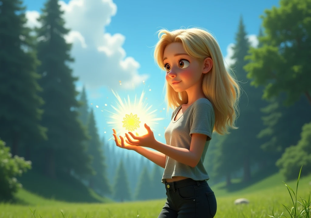 A blonde ager with light brown eyes dressed in a short gray blouse and black pants being illuminated by the skies, the light is so strong that you can barely see the bottom, she, surprised by what happened, is looking at her hands in disbelief at what she is seeing. happening, the girl is stepping on a lawn and is on the right side of the screen, there are forests on the left side, disney pixar style.