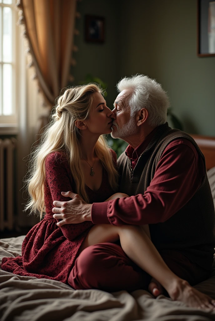 Toothless 90 year old homeless grandpa, beautiful blonde victoria secret model topless he hugs her kissing her in bedroom she is sittin on his knee